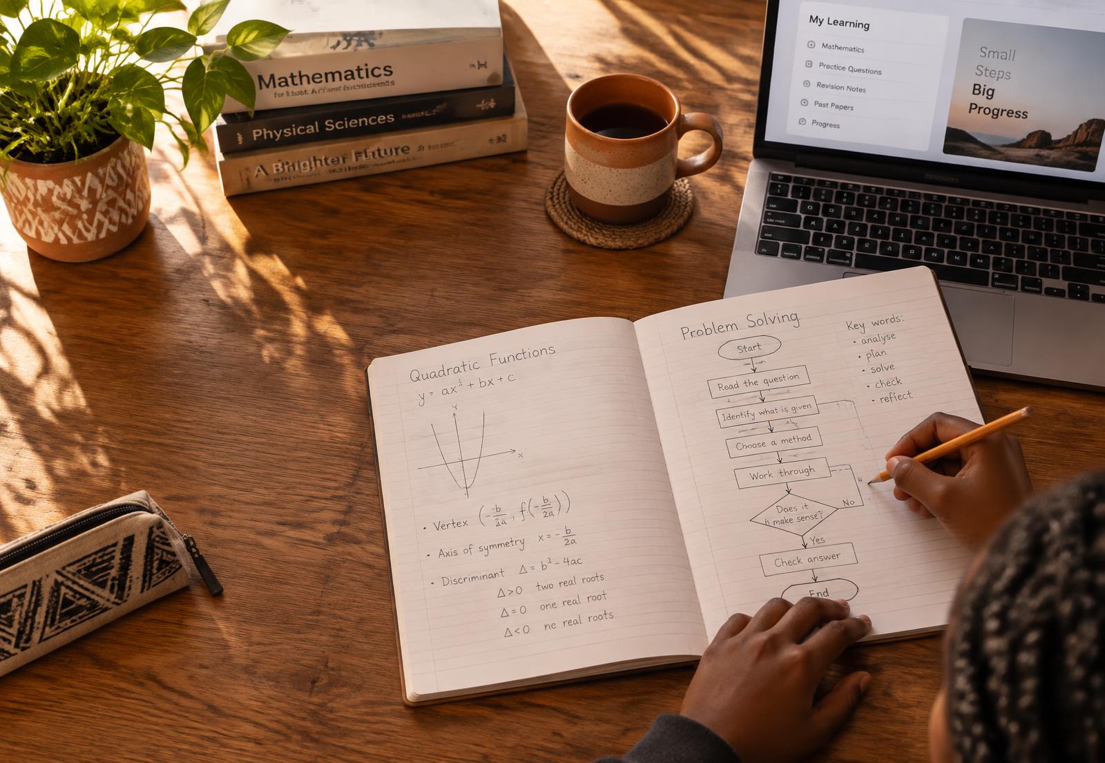 A learner working through maths and a problem-solving flowchart in a notebook beside a laptop